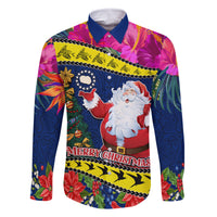 Personalised Cook Island Christmas Family Matching Off Shoulder Maxi Dress and Hawaiian Shirt Santa Claus Mix Maroro and Kakaia Hibiscus Flower Maori Pattern LT03 Dad's Shirt - Long Sleeve Blue - Polynesian Pride