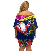 Personalised Cook Island Christmas Family Matching Off Shoulder Short Dress and Hawaiian Shirt Santa Claus Mix Maroro and Kakaia Hibiscus Flower Maori Pattern LT03 - Polynesian Pride