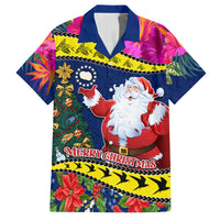 Personalised Cook Island Christmas Family Matching Puletasi Dress and Hawaiian Shirt Santa Claus Mix Maroro and Kakaia Hibiscus Flower Maori Pattern LT03 Dad's Shirt - Short Sleeve Blue - Polynesian Pride