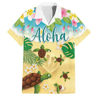 Aloha Turtle Family on The Beach Family Matching Puletasi and Hawaiian Shirt with Hawaiian Colorful Plumeria LT03 Dad's Shirt - Short Sleeve Beige - Polynesian Pride