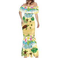 Aloha Turtle Family on The Beach Mermaid Dress with Hawaiian Colorful Plumeria