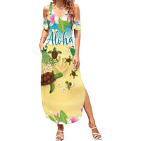 Aloha Turtle Family on The Beach Summer Maxi Dress with Hawaiian Colorful Plumeria LT03 Women Beige - Polynesian Pride