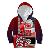 Maori Waitangi Kid Hoodie Hei-tiki Koru with Tino Rangatiratanga Maori Flag LT03 Zip Hoodie Red - Polynesian Pride