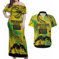 Cook Islands Marathon 2025-Pursuit in Paradise Couples Matching Off Shoulder Maxi Dress and Hawaiian Shirt Special Edition LT03 Yellow-Green - Polynesian Pride