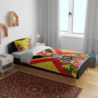 Custom Papua New Guinea Rugby Bedding Set Bird of Paradise and Hibiscus Polynesian Pattern Yellow Color