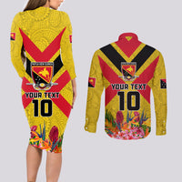 Custom Papua New Guinea Rugby Couples Matching Long Sleeve Bodycon Dress and Long Sleeve Button Shirt Bird of Paradise and Hibiscus Polynesian Pattern Yellow Color LT03