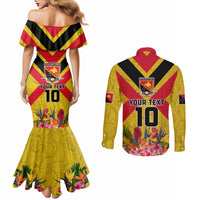 Custom Papua New Guinea Rugby Couples Matching Mermaid Dress and Long Sleeve Button Shirt Bird of Paradise and Hibiscus Polynesian Pattern Yellow Color LT03