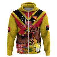 Custom Papua New Guinea Rugby Hoodie Bird of Paradise and Hibiscus Polynesian Pattern Yellow Color LT03