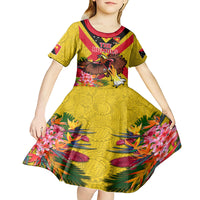 Custom Papua New Guinea Rugby Kid Short Sleeve Dress Bird of Paradise and Hibiscus Polynesian Pattern Yellow Color LT03