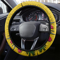 Papua New Guinea Rugby Steering Wheel Cover Bird of Paradise and Hibiscus Polynesian Pattern Yellow Color LT03 - Polynesian Pride