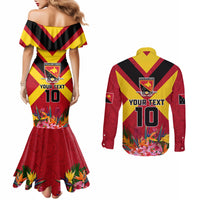Custom Papua New Guinea Rugby Couples Matching Mermaid Dress and Long Sleeve Button Shirt Bird of Paradise and Hibiscus Polynesian Pattern Red Color LT03