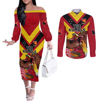 Custom Papua New Guinea Rugby Couples Matching Off The Shoulder Long Sleeve Dress and Long Sleeve Button Shirt Bird of Paradise and Hibiscus Polynesian Pattern Red Color LT03