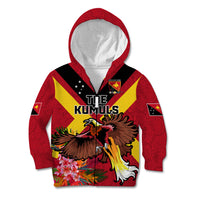Custom Papua New Guinea Rugby Kid Hoodie Bird of Paradise and Hibiscus Polynesian Pattern Red Color LT03