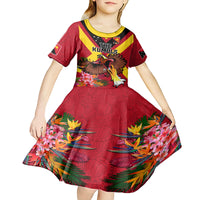 Custom Papua New Guinea Rugby Kid Short Sleeve Dress Bird of Paradise and Hibiscus Polynesian Pattern Red Color LT03