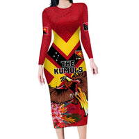 Custom Papua New Guinea Rugby Long Sleeve Bodycon Dress Bird of Paradise and Hibiscus Polynesian Pattern Red Color LT03 Long Dress Red - Polynesian Pride