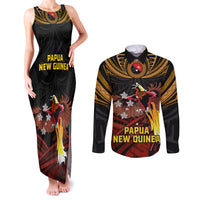 Papua New Guinea Bird-of-Paradise Couples Matching Tank Maxi Dress and Long Sleeve Button Shirt Coat of Arms and Tribal Patterns LT03 Black - Polynesian Pride