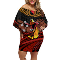 Papua New Guinea Bird-of-Paradise Family Matching Off Shoulder Short Dress and Hawaiian Shirt Coat of Arms and Tribal Patterns LT03 Mom's Dress Black - Polynesian Pride