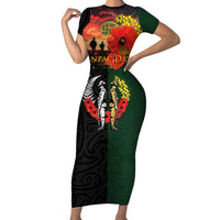 New Zealand and Australia ANZAC Day Short Sleeve Bodycon Dress Lest We Forget Indigenous and Maori Pattern LT03 Long Dress Multicolor - Polynesian Pride