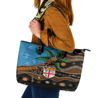Fiji and Australia Leather Tote Bag Fijian and Aboriginal mix Culture LT03 Blue - Polynesian Pride
