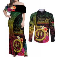 Vanuatu Selebretem 44th Indipendens Dei Couples Matching Off Shoulder Maxi Dress and Long Sleeve Button Shirt Sand Drawing Melanesian Vibes LT03 Black - Polynesian Pride