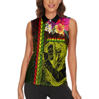 Hawaiian Reggae Music Women Sleeveless Polo Shirt Jamaica Singer Tribal Polynesian and Hibiscus