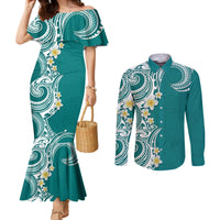 Aloha Polynesian Plumeria Flower Couples Matching Mermaid Dress and Long Sleeve Button Shirt Teal Color