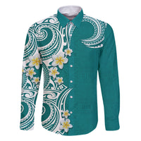 Aloha Polynesian Plumeria Flower Family Matching Mermaid Dress and Hawaiian Shirt Teal Color LT03 Dad's Shirt - Long Sleeve Teal - Polynesian Pride