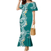 Aloha Polynesian Plumeria Flower Family Matching Mermaid Dress and Hawaiian Shirt Teal Color LT03 Mom's Dress Teal - Polynesian Pride