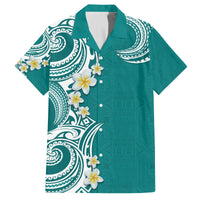 Aloha Polynesian Plumeria Flower Family Matching Off The Shoulder Long Sleeve Dress and Hawaiian Shirt Teal Color
