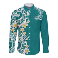 Aloha Polynesian Plumeria Flower Long Sleeve Button Shirt Teal Color