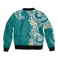 Aloha Polynesian Plumeria Flower Sleeve Zip Bomber Jacket Teal Color