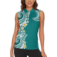 Aloha Polynesian Plumeria Flower Women Sleeveless Polo Shirt Teal Color LT03 - Polynesian Pride
