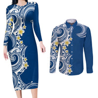 Aloha Polynesian Plumeria Flower Couples Matching Long Sleeve Bodycon Dress and Long Sleeve Button Shirt Blue Color