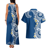 Aloha Polynesian Plumeria Flower Couples Matching Tank Maxi Dress and Hawaiian Shirt Blue Color LT03 - Polynesian Pride