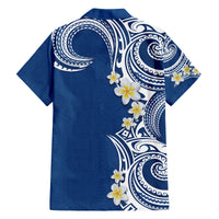 Aloha Polynesian Plumeria Flower Family Matching Tank Maxi Dress and Hawaiian Shirt Blue Color