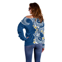 Aloha Polynesian Plumeria Flower Off Shoulder Sweater Blue Color
