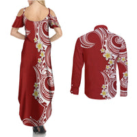 Aloha Polynesian Plumeria Flower Couples Matching Summer Maxi Dress and Long Sleeve Button Shirt Red Color