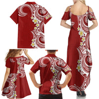 Aloha Polynesian Plumeria Flower Family Matching Summer Maxi Dress and Hawaiian Shirt Red Color