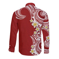 Aloha Polynesian Plumeria Flower Long Sleeve Button Shirt Red Color