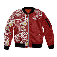Aloha Polynesian Plumeria Flower Sleeve Zip Bomber Jacket Red Color