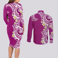Aloha Polynesian Plumeria Flower Couples Matching Long Sleeve Bodycon Dress and Long Sleeve Button Shirt Pink Color