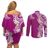 Aloha Polynesian Plumeria Flower Couples Matching Off Shoulder Short Dress and Long Sleeve Button Shirt Pink Color