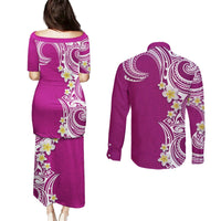 Aloha Polynesian Plumeria Flower Couples Matching Puletasi and Long Sleeve Button Shirt Pink Color