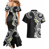 Aloha Polynesian Plumeria Flower Couples Matching Mermaid Dress and Hawaiian Shirt Black White Color