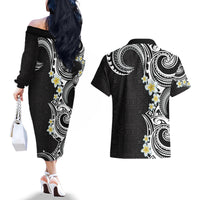 Aloha Polynesian Plumeria Flower Couples Matching Off The Shoulder Long Sleeve Dress and Hawaiian Shirt Black White Color