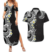 Aloha Polynesian Plumeria Flower Couples Matching Summer Maxi Dress and Hawaiian Shirt Black White Color LT03 Black - Polynesian Pride