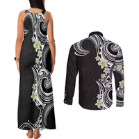 Aloha Polynesian Plumeria Flower Couples Matching Tank Maxi Dress and Long Sleeve Button Shirt Black White Color