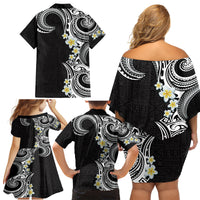 Aloha Polynesian Plumeria Flower Family Matching Off Shoulder Short Dress and Hawaiian Shirt Black White Color