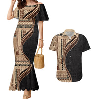Samoa Siapo Motif and Tapa Pattern Half Style Couples Matching Mermaid Dress and Hawaiian Shirt Beige Color LT03 Beige - Polynesian Pride