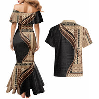 Samoa Siapo Motif and Tapa Pattern Half Style Couples Matching Mermaid Dress and Hawaiian Shirt Beige Color LT03 - Polynesian Pride